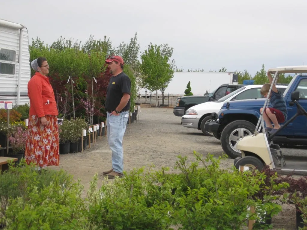 Woman and man talking near nursery stock while a boy climbs a golf cart